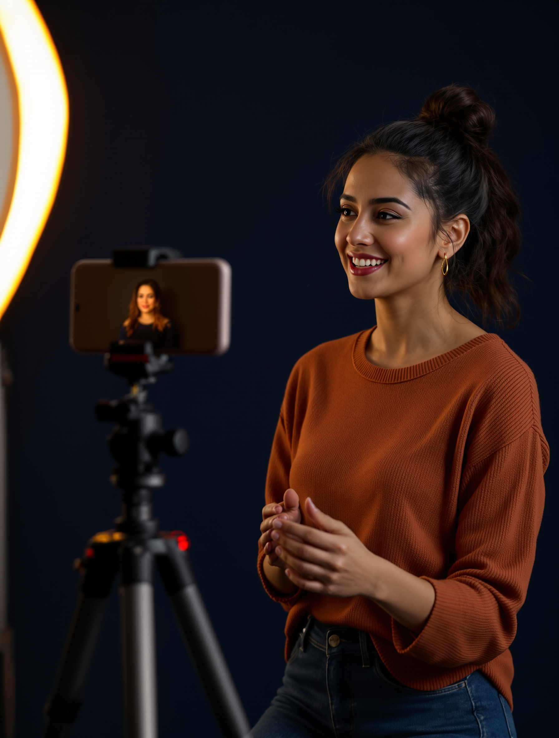 Emprendedora creando su avatar con su foto y su clip de voz desde el móvil