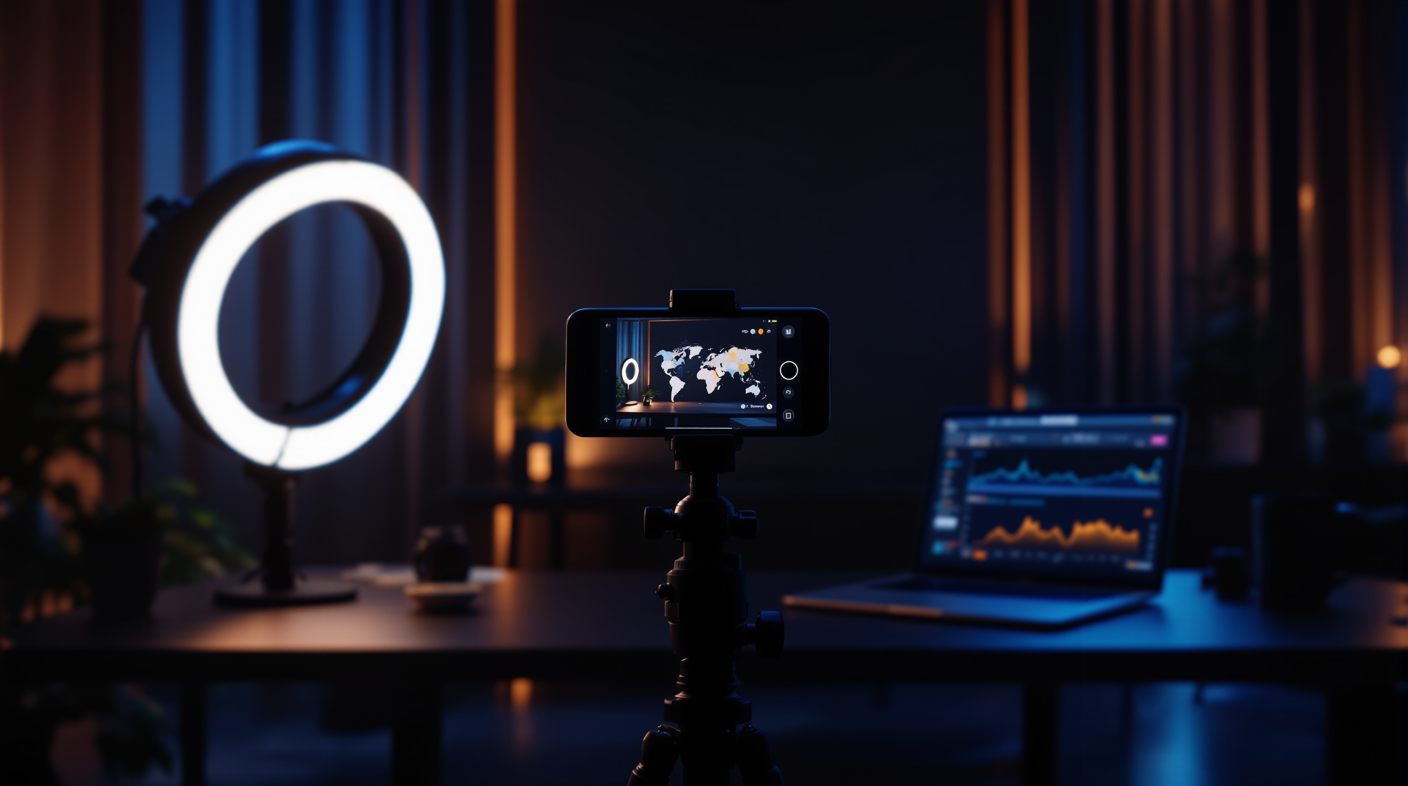 Estudio de creación de contenido con cámara sobre trípode y luz cálida